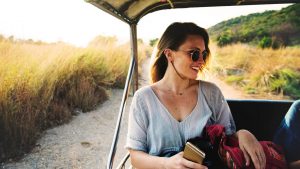 happy woman on vegan vacation