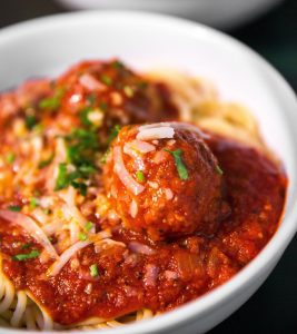 bowl of spaghetti and meatballs