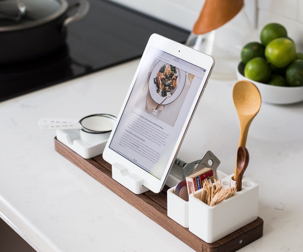 cooking station with ipad showing recipe