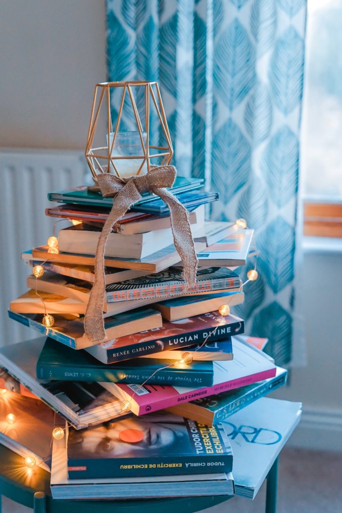 stack books for an eco-friendly Christmas tree