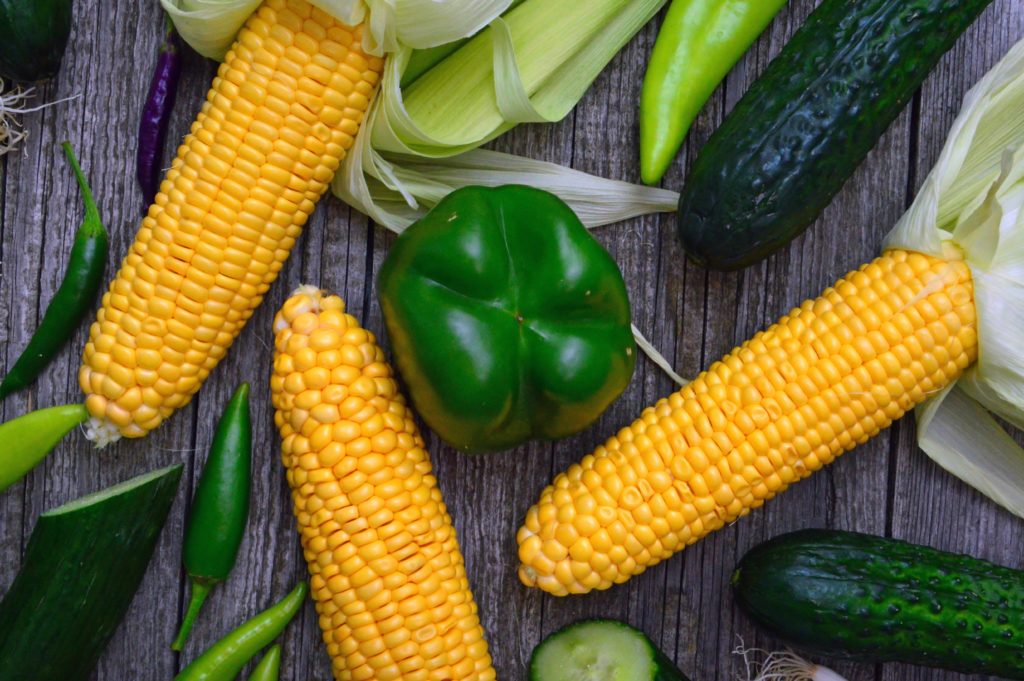 corn, vegetables, and green bell pepper