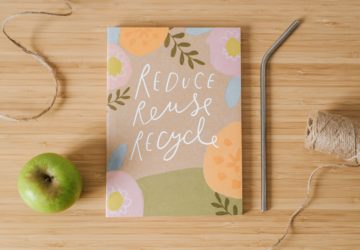 common items that can be reused and a notebook that says reduce, reuse, recycle